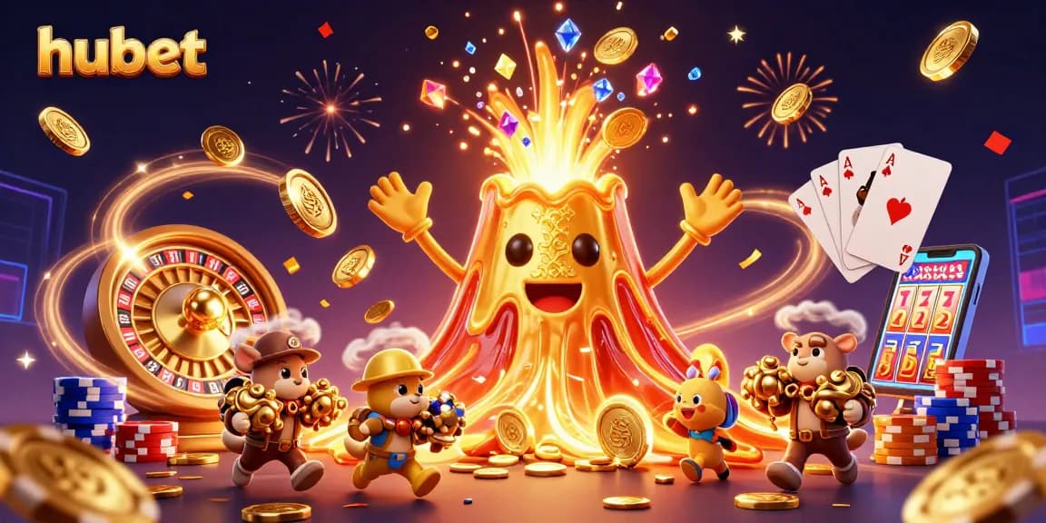 Experience thrilling gaming at hubet with a dynamic display of coins, cards, and excitement.