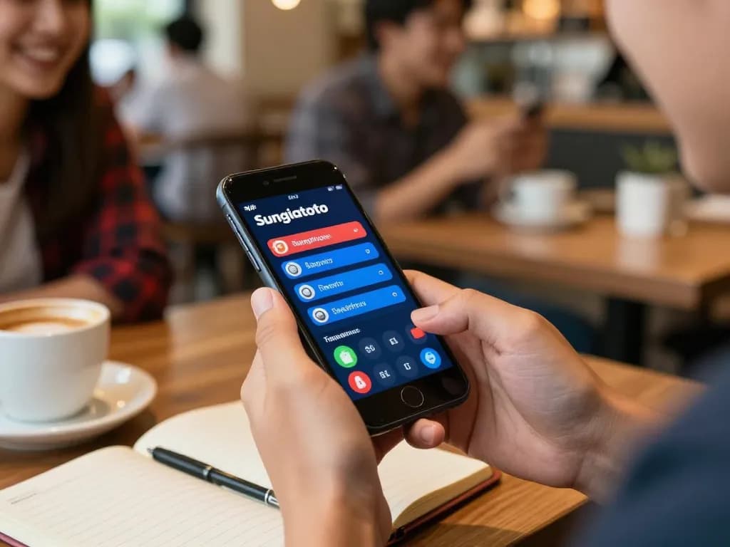 Experience seamless betting with apk sungaitoto on smartphone in a cozy café setup.