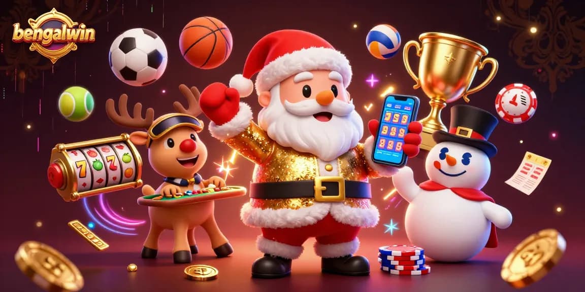 Bengalwin showcases fun characters, including Santa and a snowman, in a dynamic casino gaming scene.