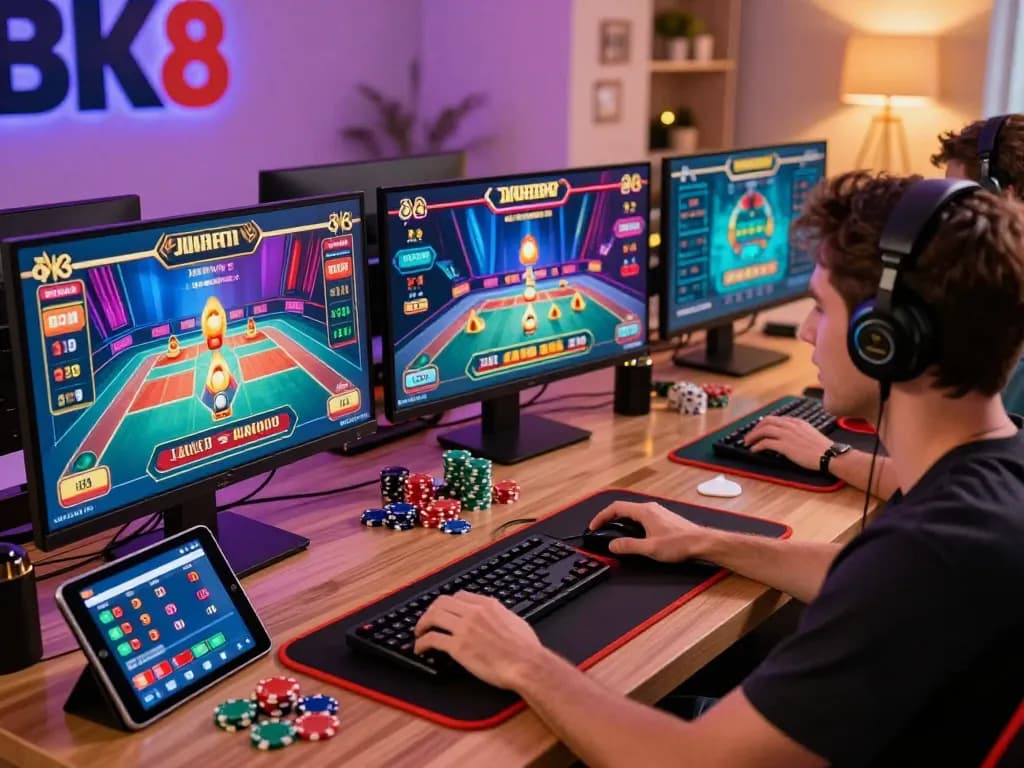Exciting BK8 gaming experience with a player engaged at a sleek computer setup.