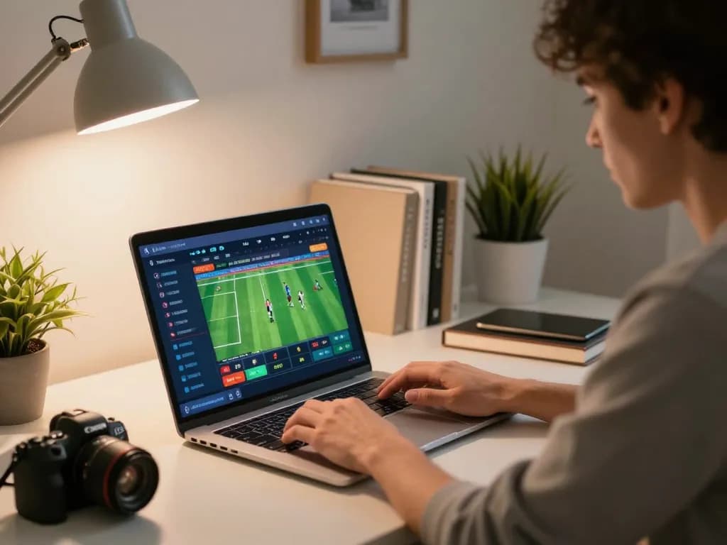Engaging in online sports betting at home with nhà cái 11 bet platform on laptop, showcasing strategic focus and excitement.