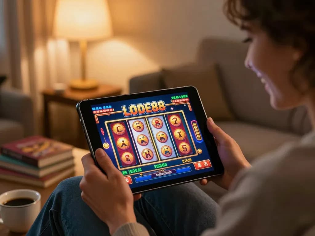 Engaged player exploring LODE88 online casino on tablet, showcasing vibrant game interface.