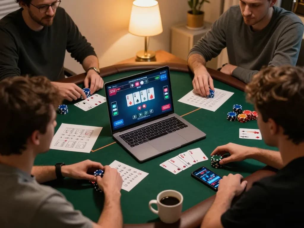Hit club players strategizing during an online poker game with laptops and betting notes!