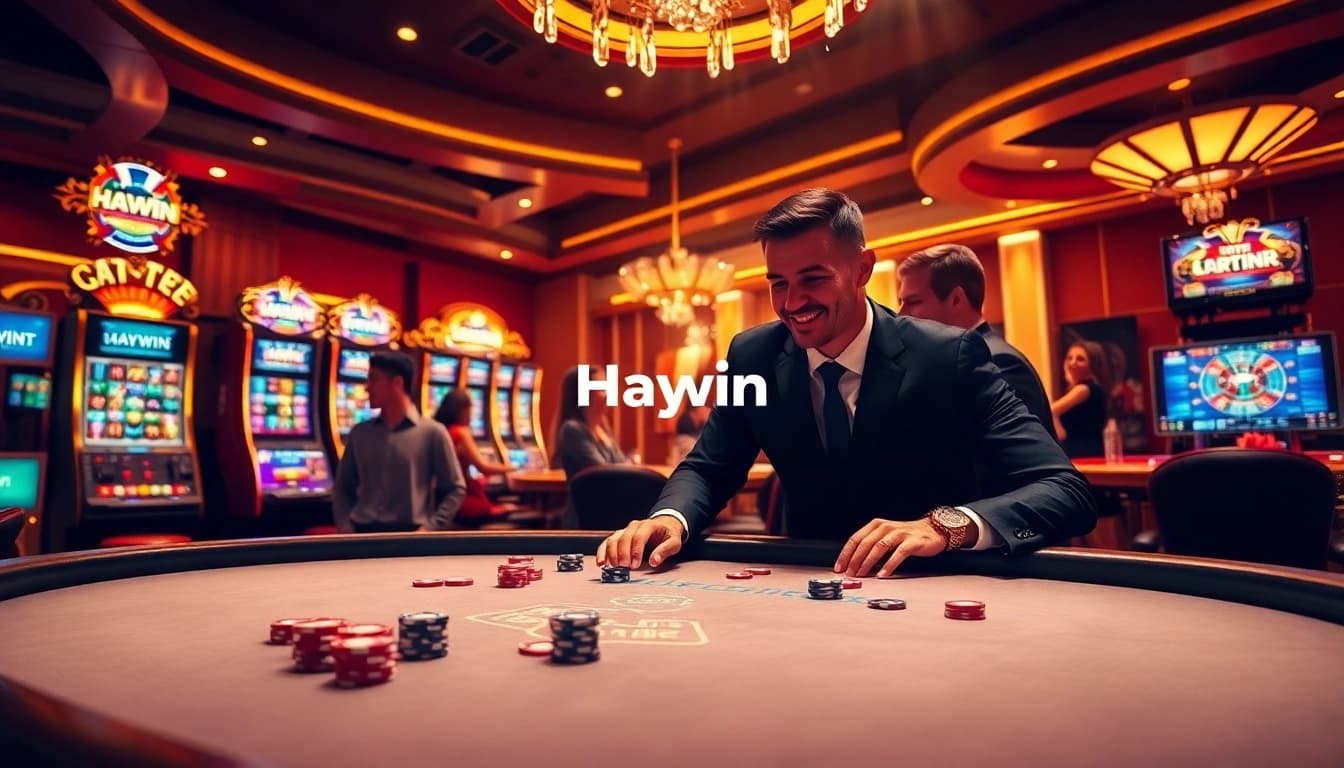 Exciting poker game at Haywin casino featuring vibrant chips and professional dealer.