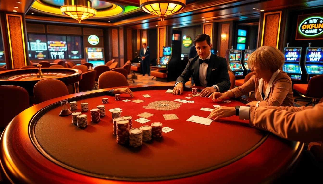 Players enjoying a thrilling poker game at OKFUN's upscale casino table with dazzling chips and betting slips.