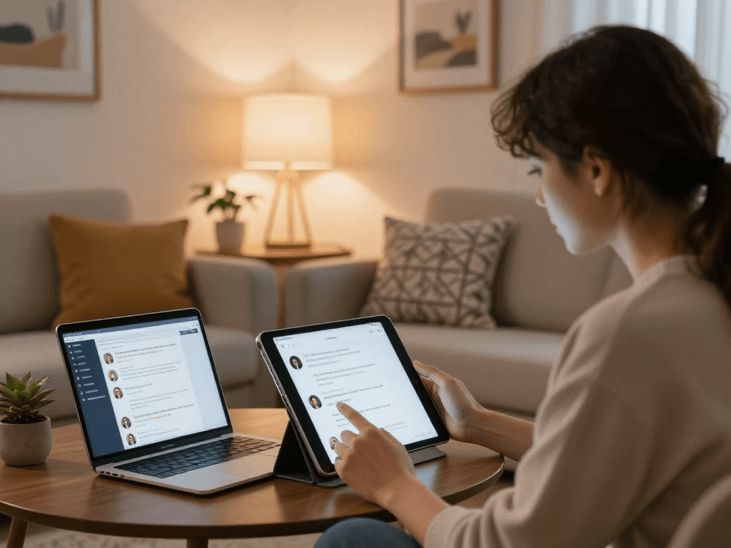 Engaging in AI chat porn on a tablet in a cozy living room.