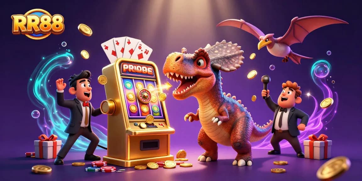RR88 showcases a dynamic casino scene with dinosaur characters winning coins at a slot machine.