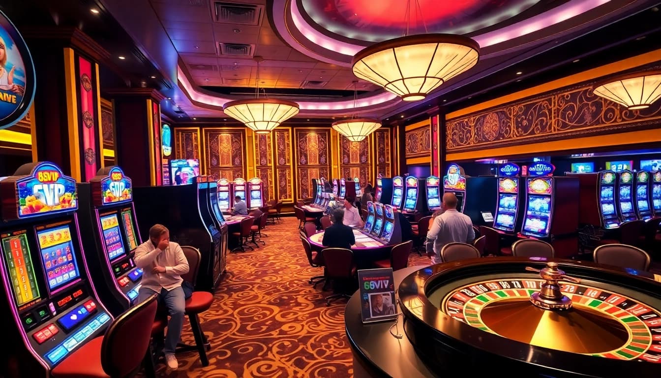 Players experiencing excitement at 68VIP casino games with vibrant slot machines and tables.