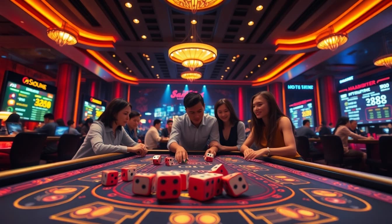 Tài xỉu online gaming environment with animated dice and engaged players.