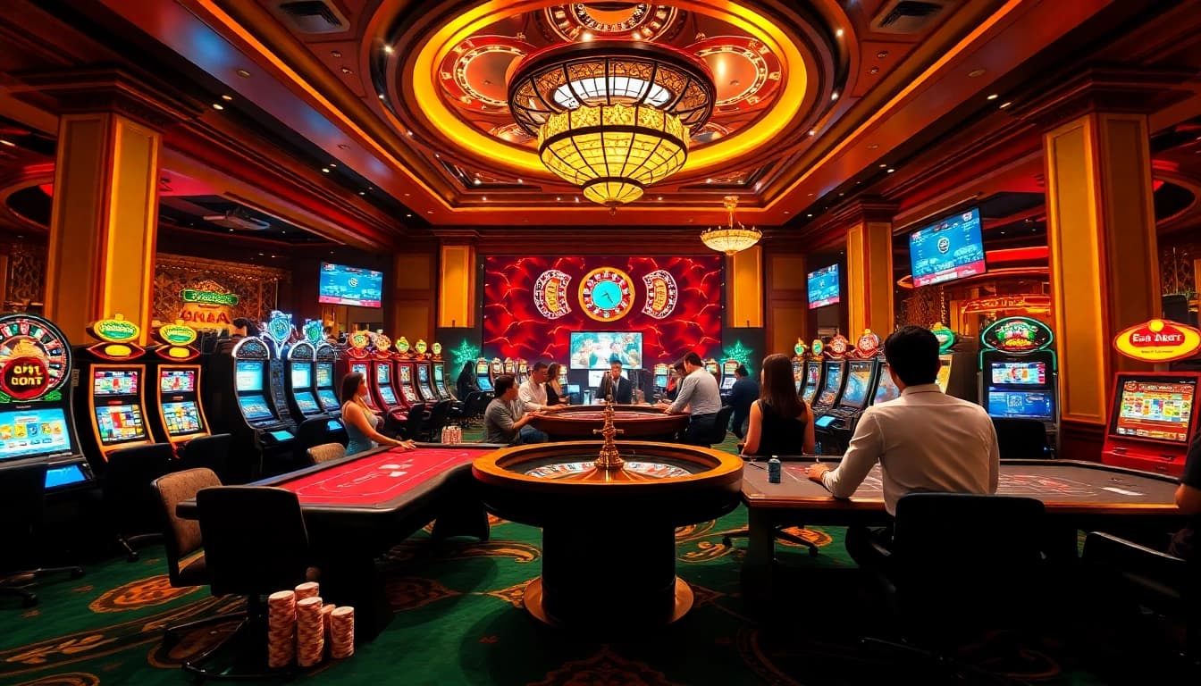 Experience the excitement of e2bet with vibrant casino tables and dazzling slot machines.