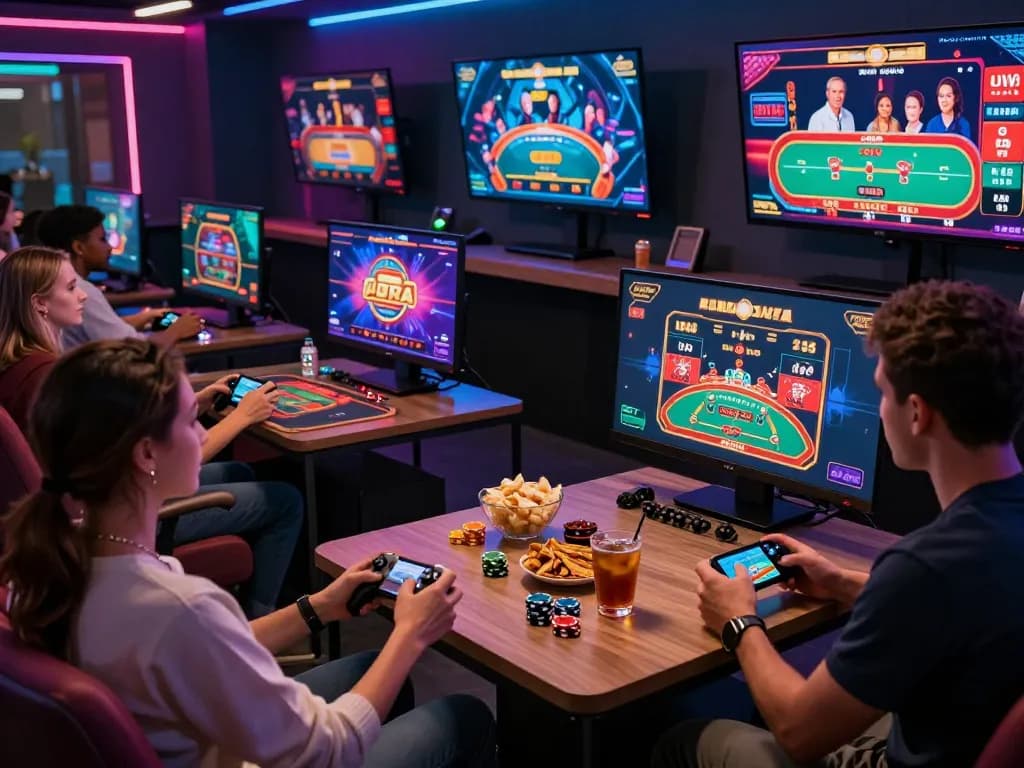 Exciting rikbet gaming experience with players engaged in virtual betting, showcasing vibrant casino games and snacks.