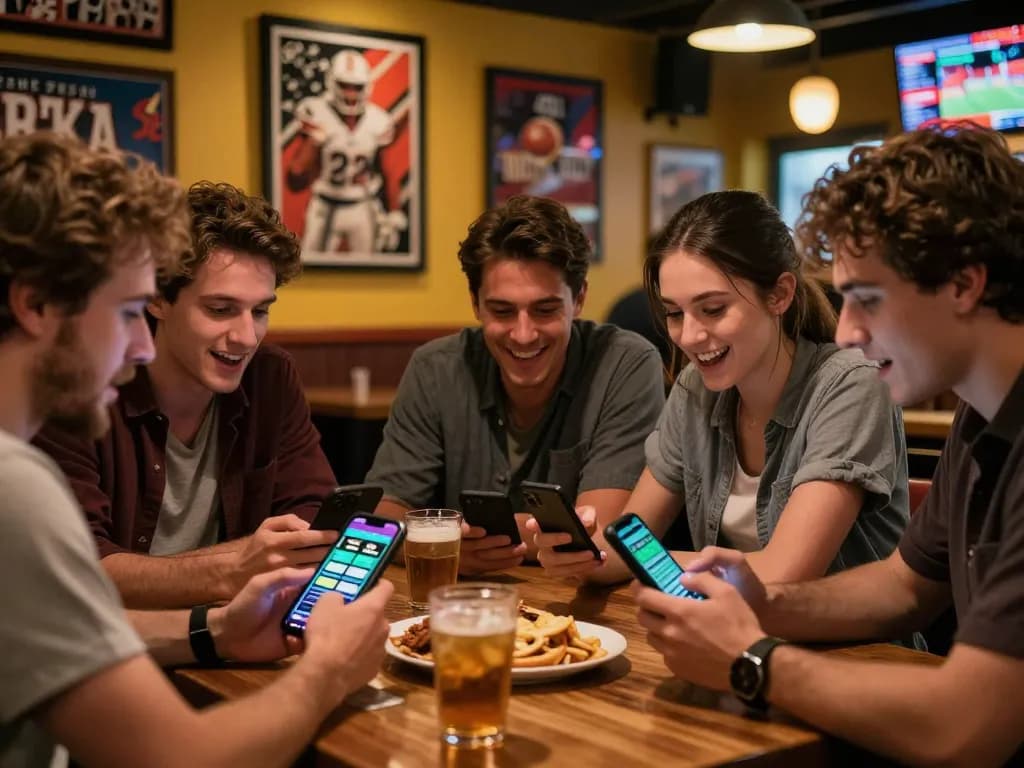 Tỷ lệ kèo nhà cái analyzed as friends engage in sports betting at a lively sports bar