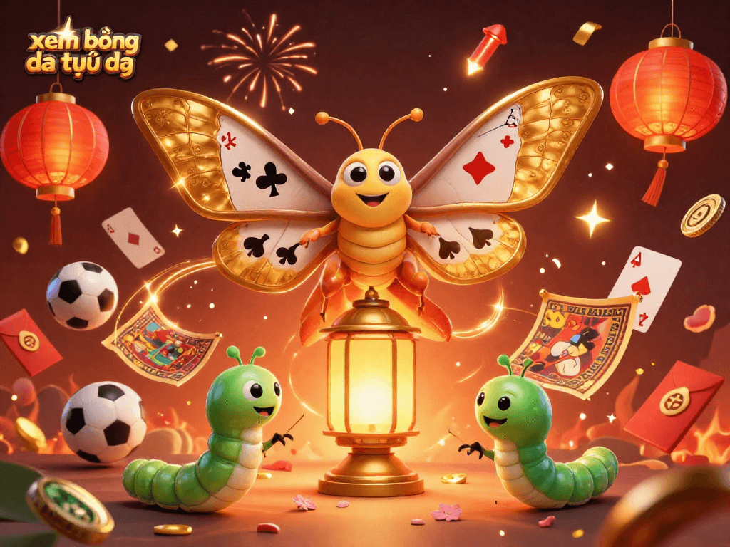 xem bóng đá trực tiếp in a vibrant 3D illustration featuring a golden moth, sports balls, and festive elements.