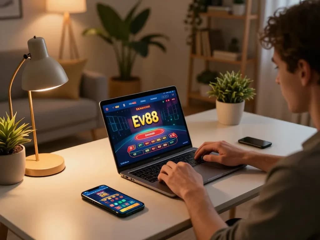 Engaging in Ev88 online gaming through laptop and smartphone in a cozy atmosphere