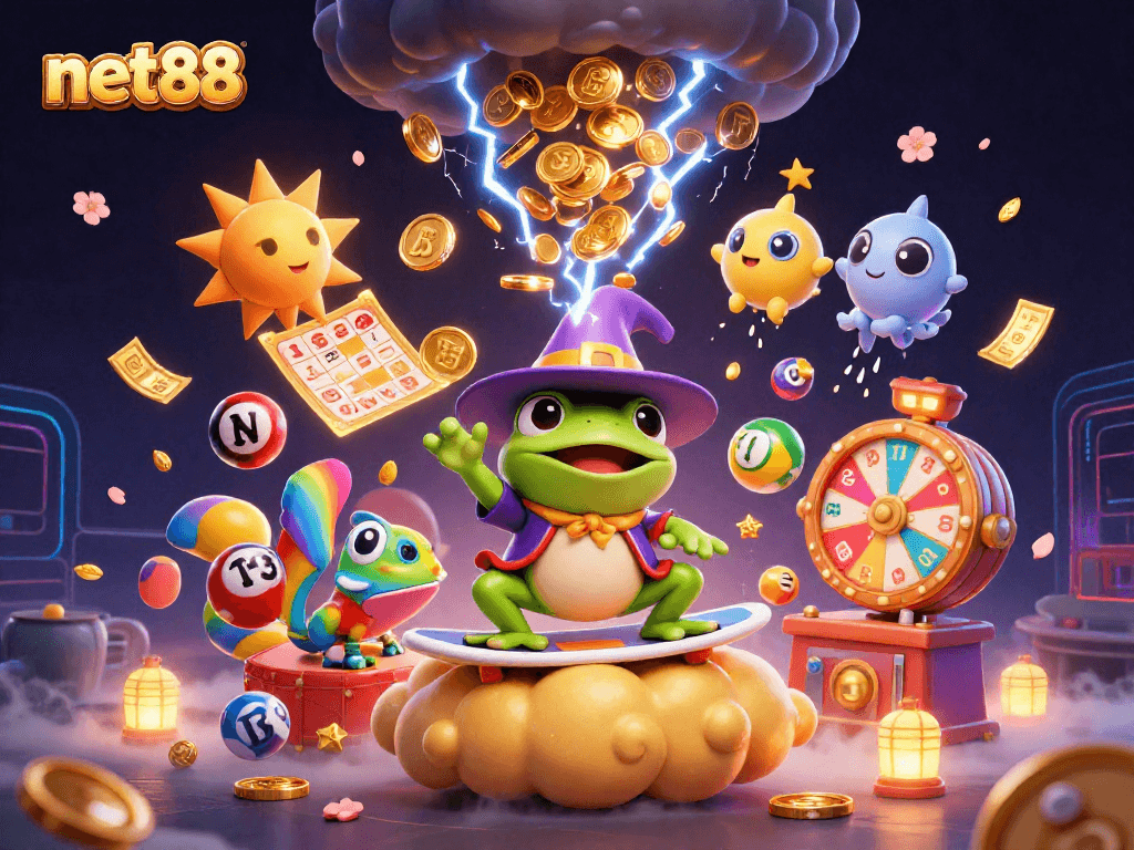 Experience net88's magic as a wizard frog conjures coins amidst a vibrant gambling scene.