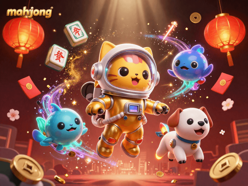 Experience thrilling mahjong gameplay featuring dynamic elements and a vibrant cosmic scene full of excitement.