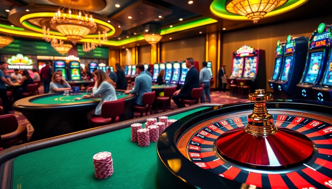 The excitement of players engaging in games at 888new casino, featuring vibrant tables and roulette.