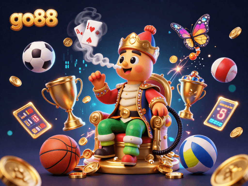 Win big with go88 in this vibrant 3D casino scene featuring a hookah-master and sports elements.