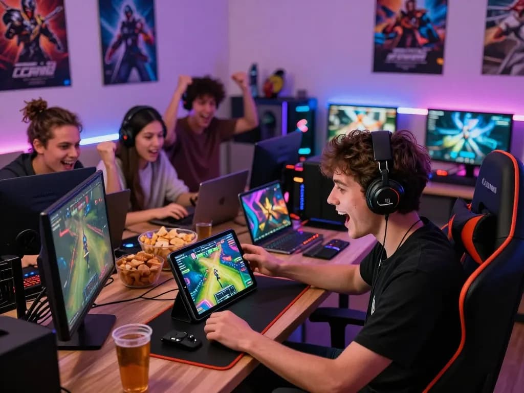 Engaged players enjoying rikvip on various devices in a vibrant home gaming setup.