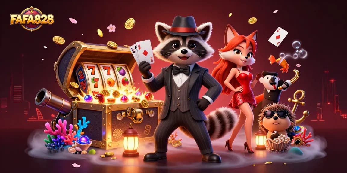 Win big with FAFA828 as a charming raccoon, fox, and hedgehog celebrate at a vibrant slot game!