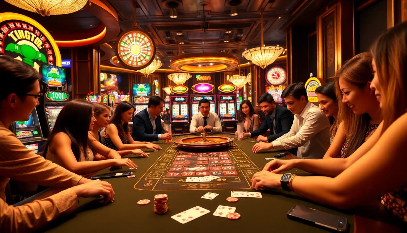 KP88 gaming table filled with vibrant chips and cards in a lively casino atmosphere