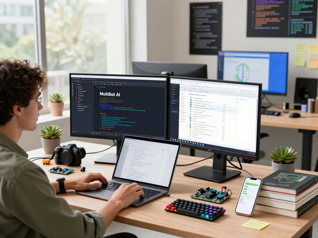 MoltBot AI workspace with developer coding on dual monitors and project management tools.