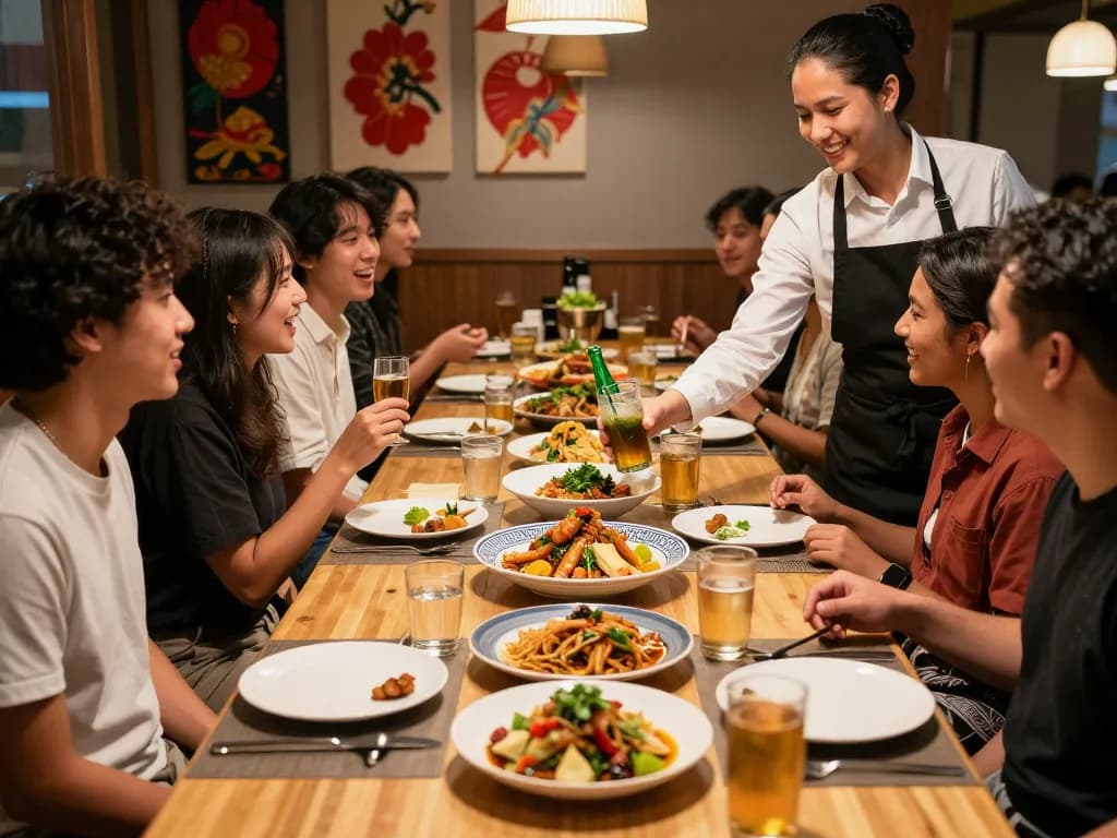 Friends enjoying dinner at RED88 with Asian fusion cuisine and vibrant atmosphere.