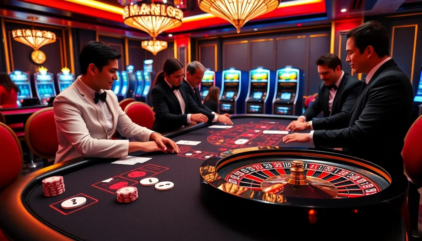 Exciting gaming experience at JBO with vibrant casino elements and professional dealers.