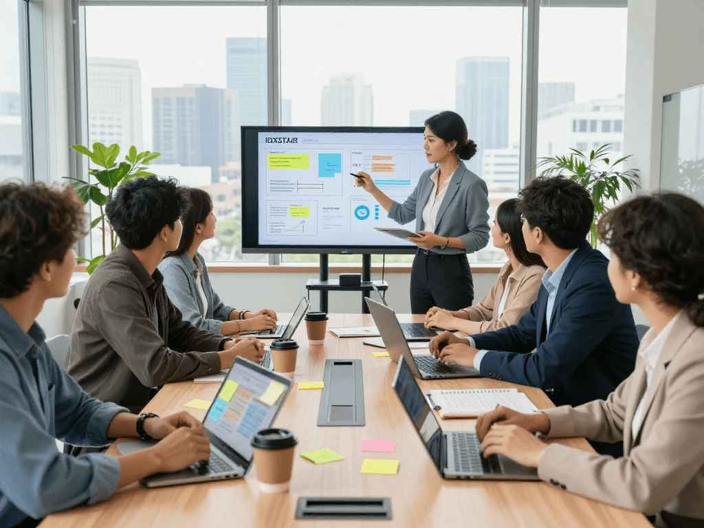Collaborative team discussing IDXSTAR analytics in a modern office.