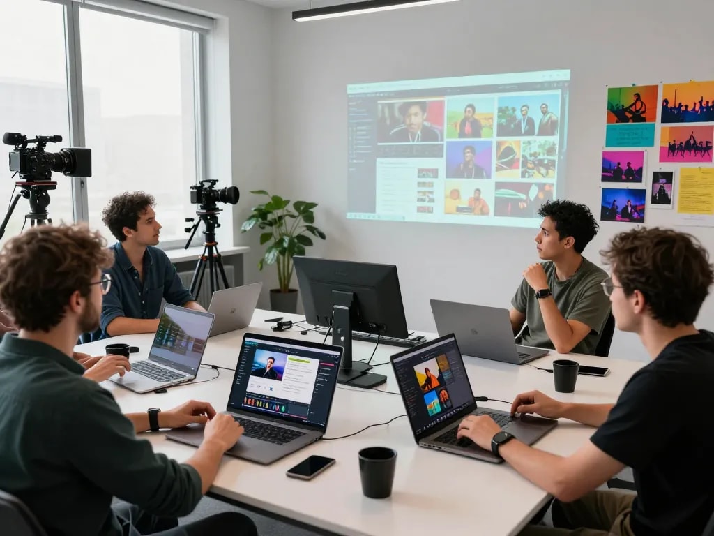 Creative team collaborating on Seedance AI video production in a modern studio