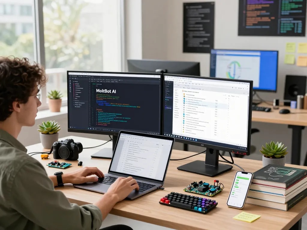 MoltBot AI workspace with developer coding on dual monitors and project management tools.