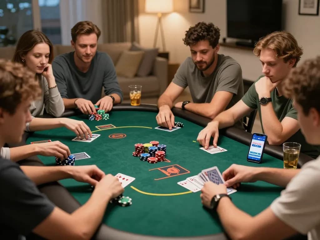 Players enjoying a casual poker night at home with the 1GOM app visible, chips and cards creating an engaging scene.