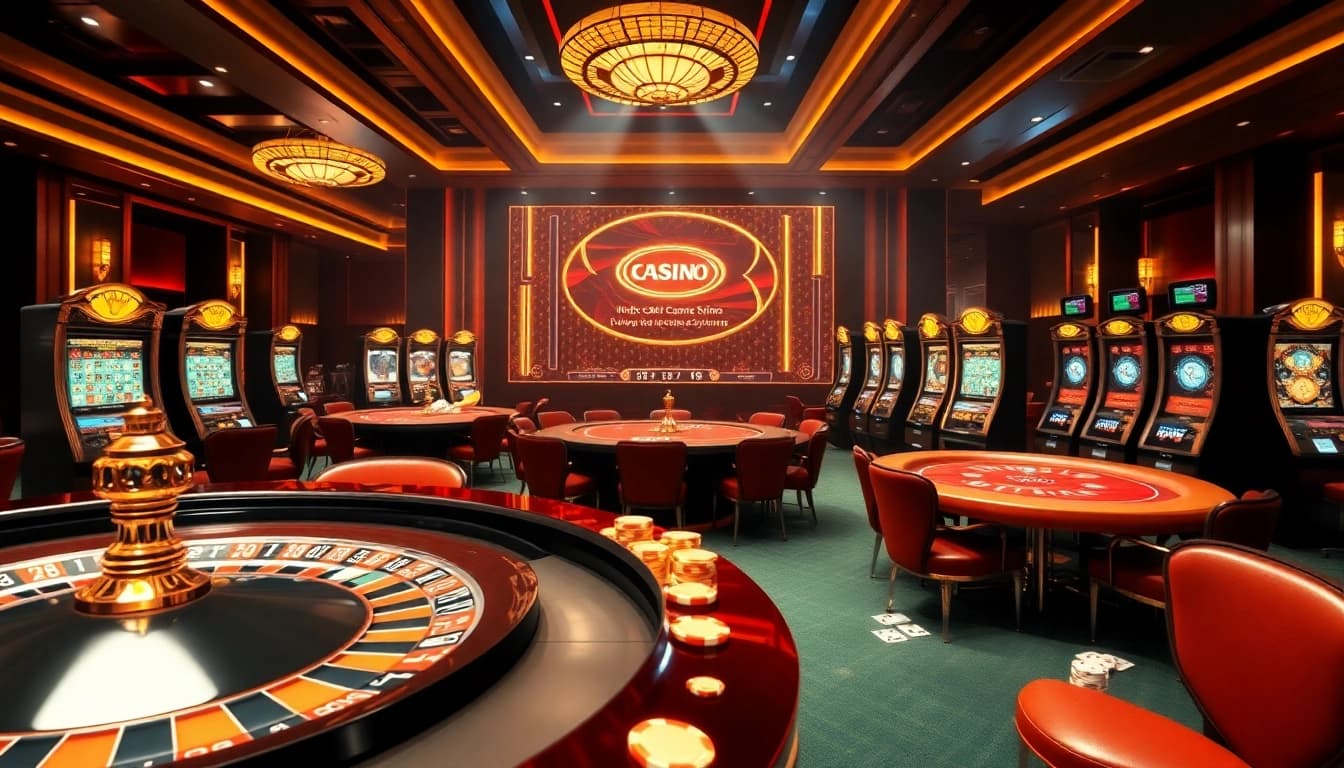 Experience excitement at nhà cái uy tín ở việt nam with luxury casino elements like roulette wheels and poker tables.
