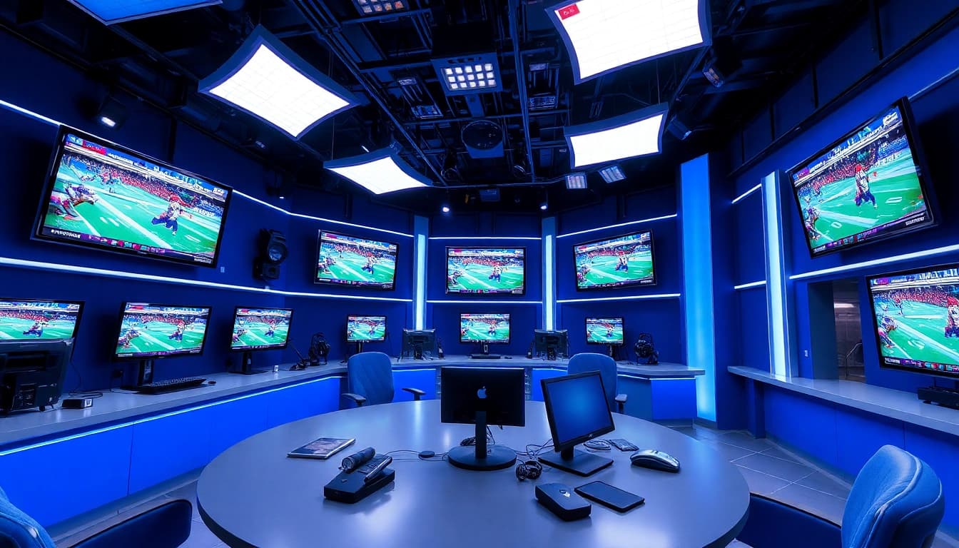 Engaging scene showcasing sports broadcasting with dynamic visuals in a vibrant studio.