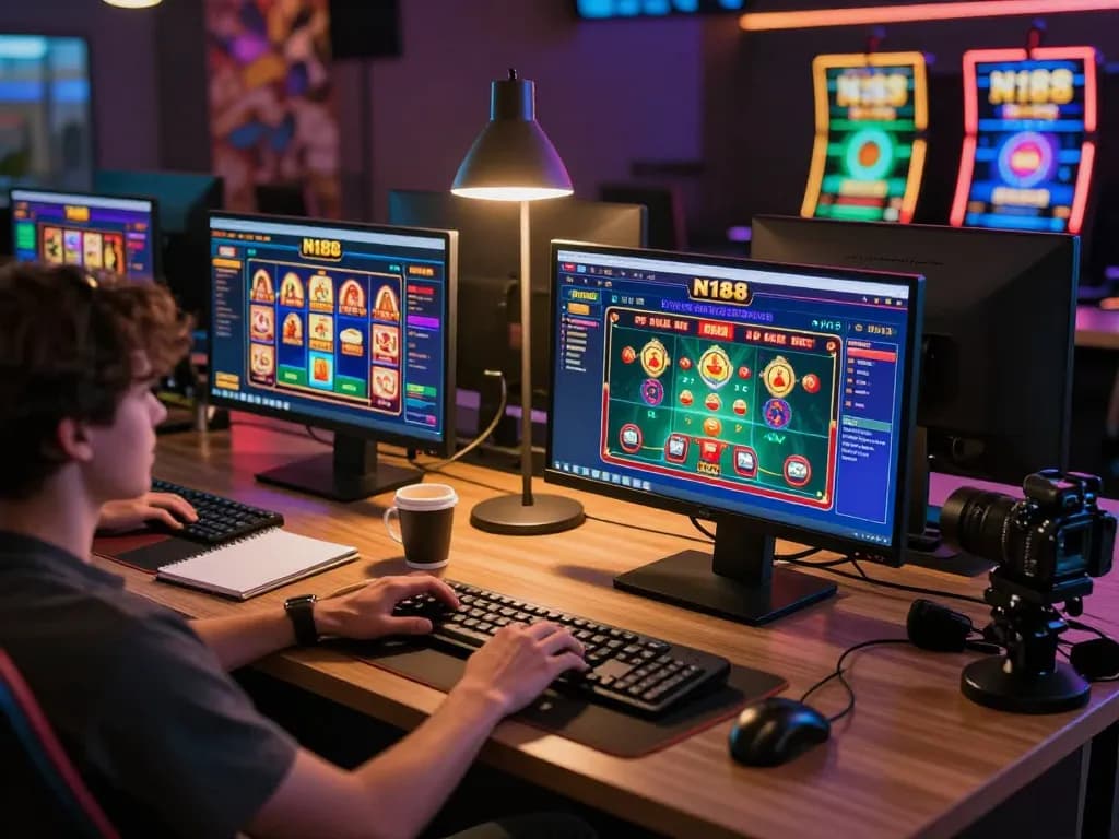 N188 casino online gaming setup with a player engaged in live dealer games and vibrant slot visuals.