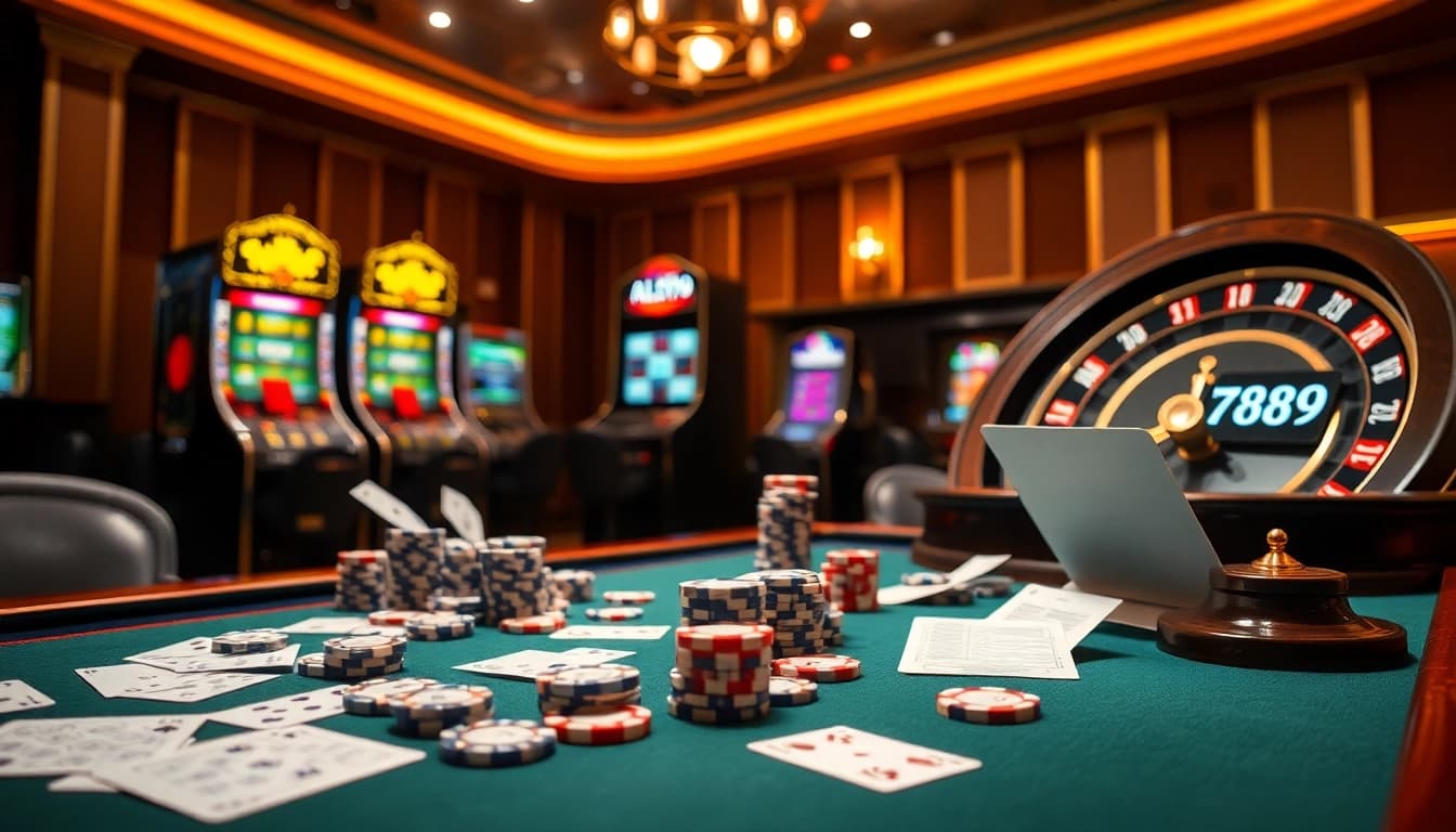 Players engaging with ALO789 at a luxurious casino table filled with cards and chips.