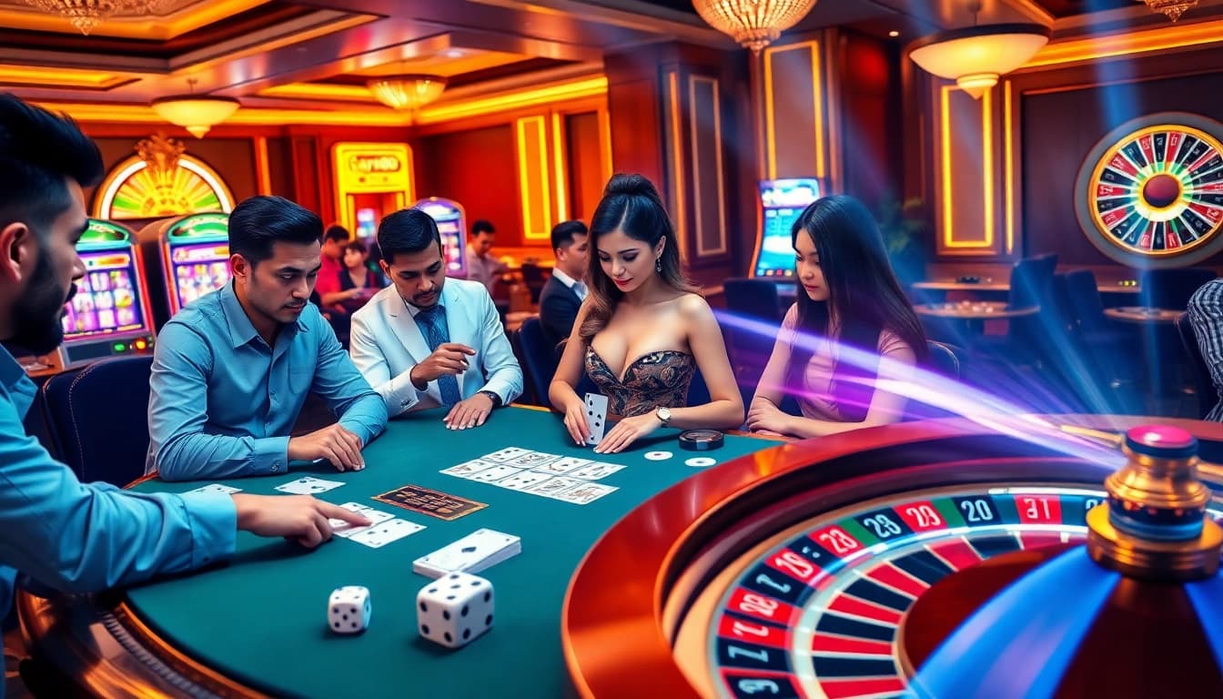 Experience gaming excitement at say88 with a vibrant scene of poker players, dealer, and casino ambiance.