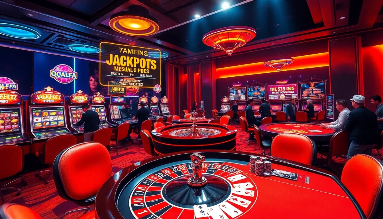 Players enjoying thrilling games at QQALFA's luxurious online casino, showcasing vibrant slot machines and poker tables.