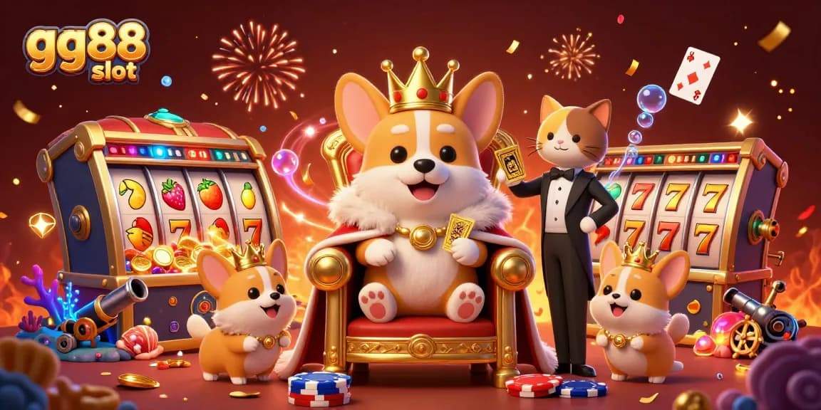 Join the fun with gg88 slot in this vibrant 3D illustration of a royal corgi and casino elements.
