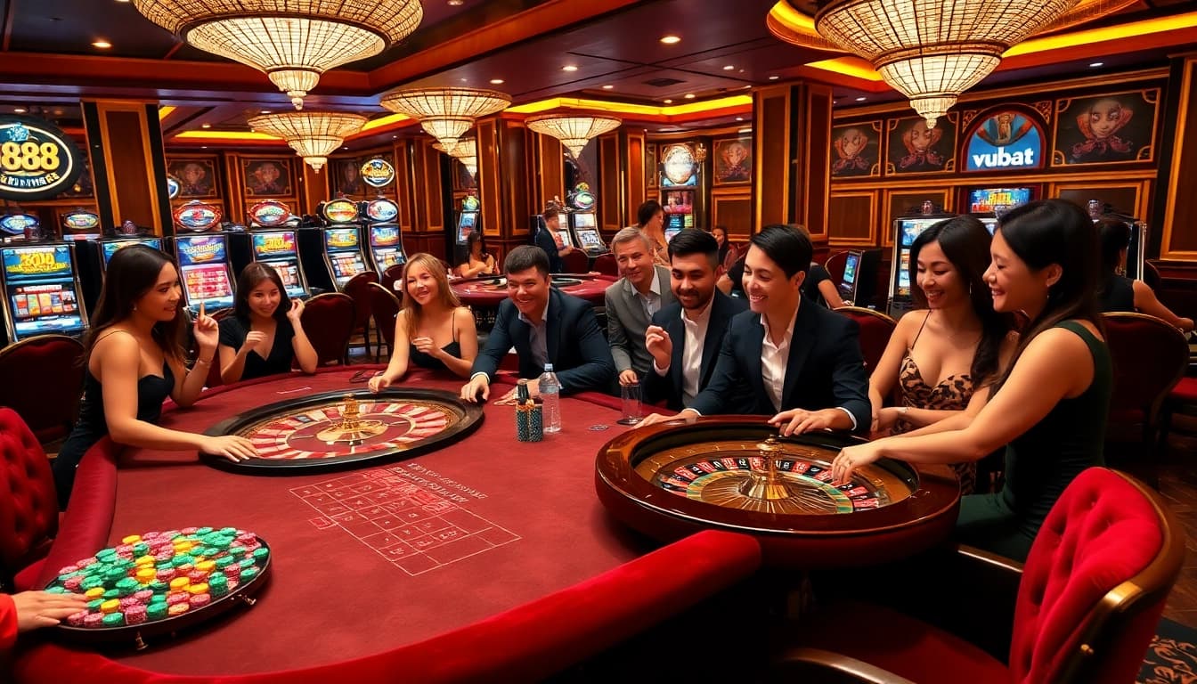 Engaged players having fun at ku88 casino tables, showcasing excitement and professional gambling atmosphere.