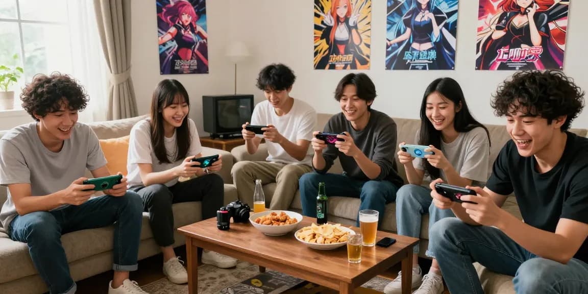 Group of friends exploring degrees of lewdity adult visual novels together in a cozy living room.