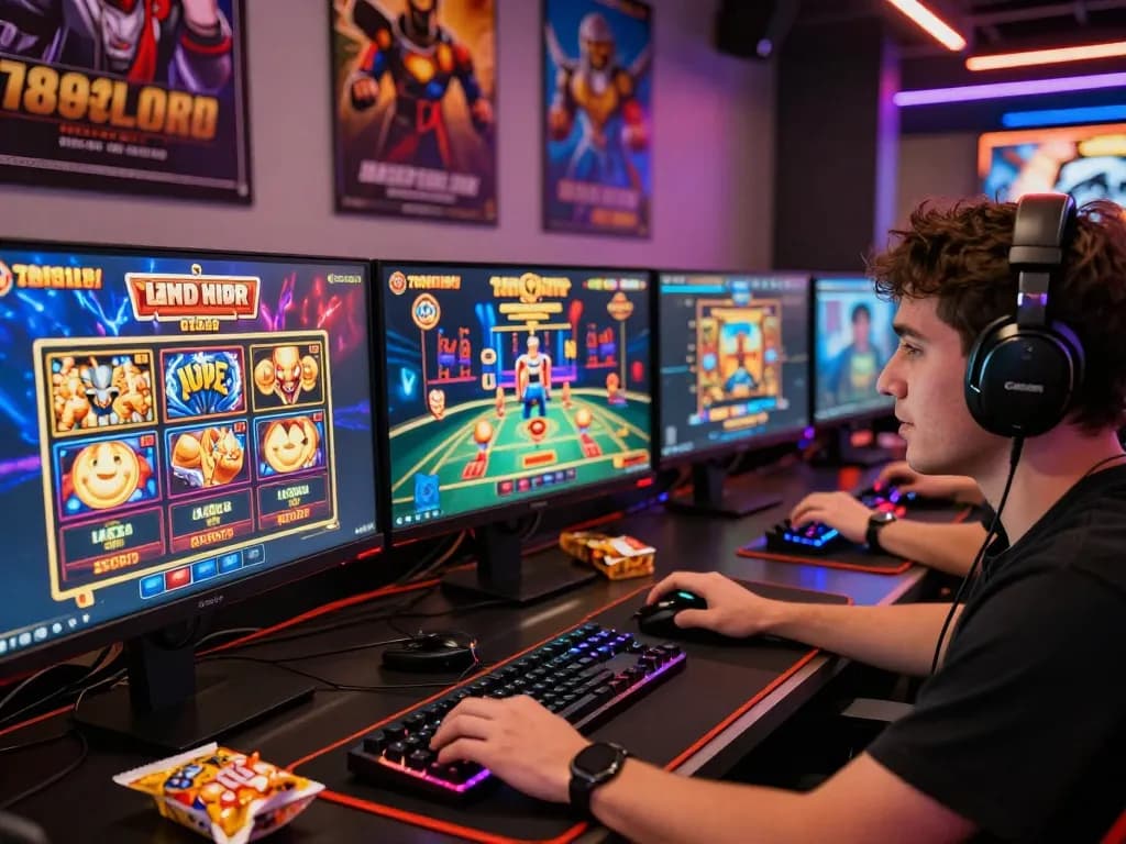 Engaged player gaming at 789club on multiple monitors showcasing slot games and live casino action.