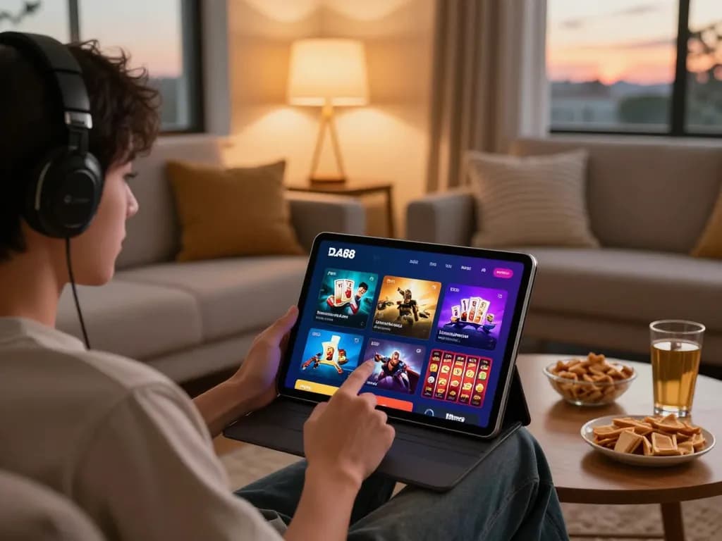 Engaging user experience at DA88 gaming platform with cozy home setup showcasing vibrant online games.