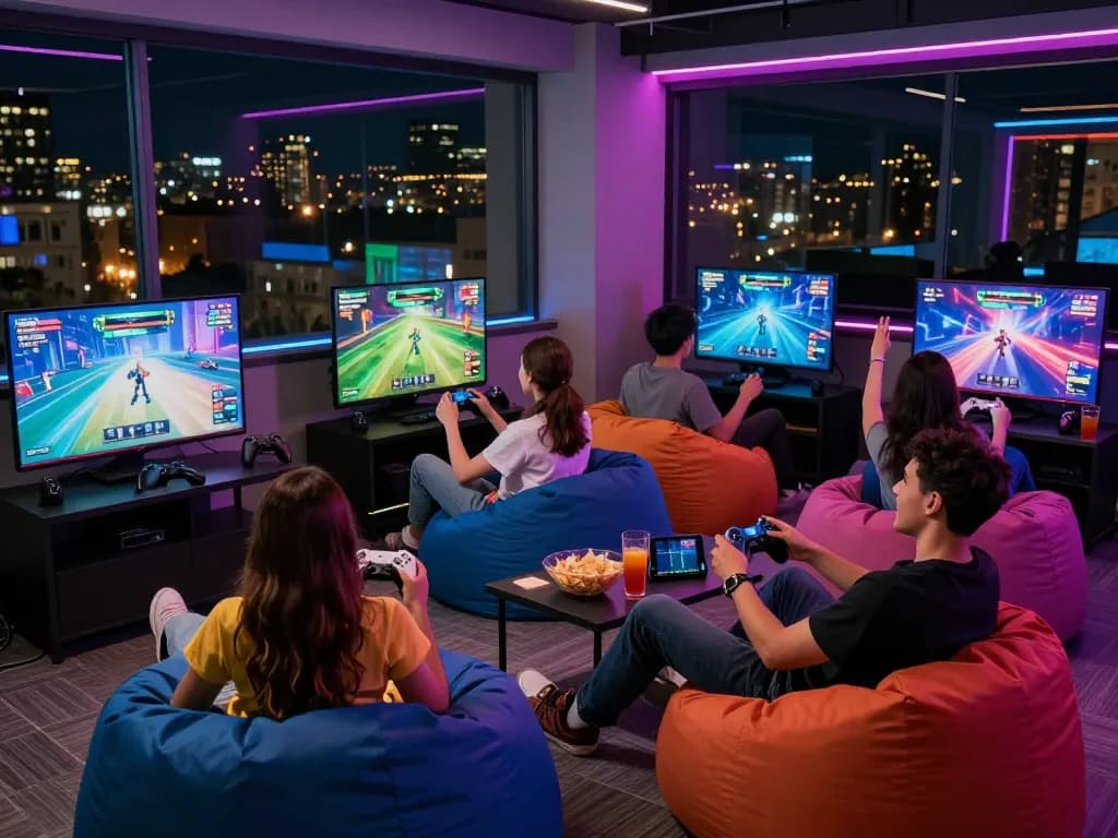 Porn games multiplayer gaming lounge with friends enjoying vibrant gameplay and snacks.