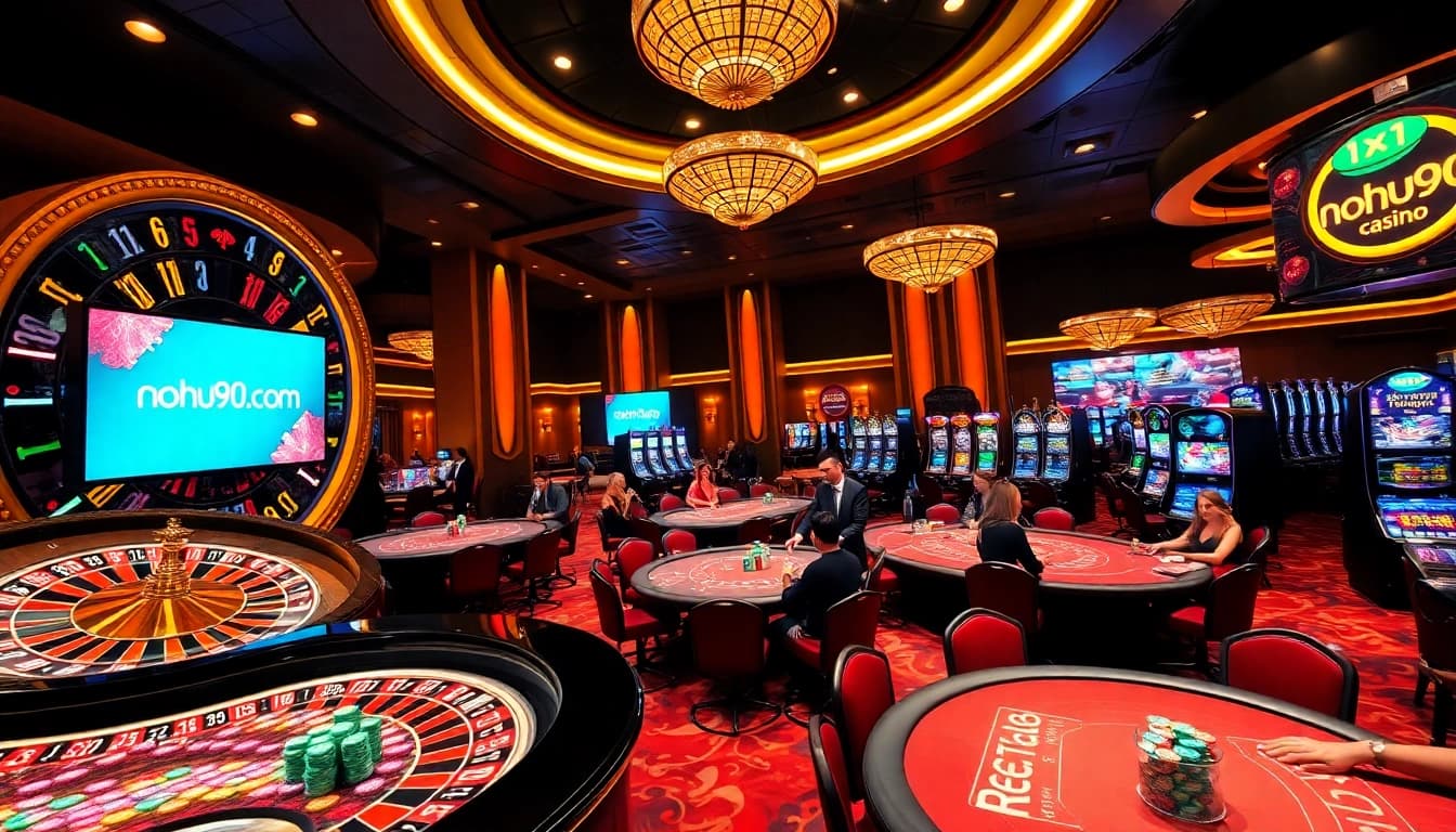 Experience thrill and excitement at nohu90 com with vibrant casino visuals of poker tables and slots.