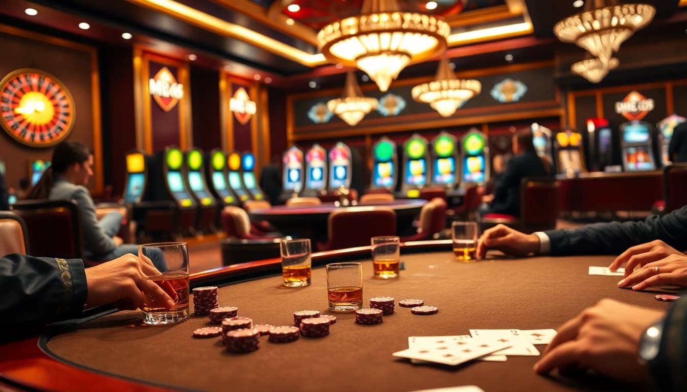 Experience high-stakes poker action at MB66 casino with vibrant lights and luxurious decor.