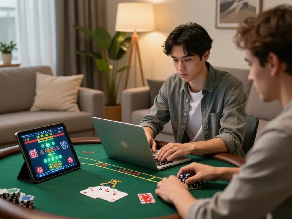 Enjoying a poker game on the laptop using 888bgo with strategic betting in a modern living room.