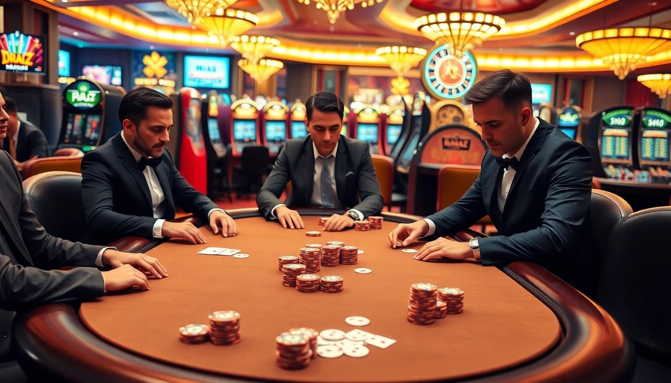 MK8-themed casino scene with players at a poker table surrounded by colorful slot machines.