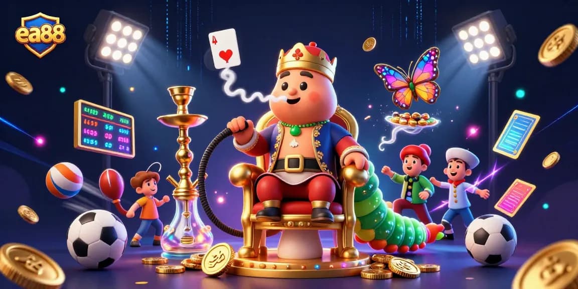 ea88 brings a vibrant casino experience with an energetic caterpillar and sports elements in a dazzling illustration.