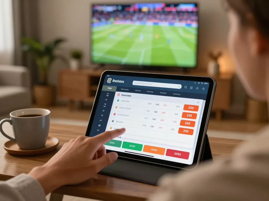 SHBET interface shown on tablet during live sports betting with cozy home setup and warm lighting.